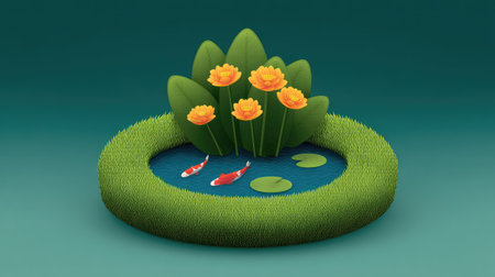 A serene garden pond featuring vibrant koi fish swimming around elegant lotus flowers, surrounded by lush greenery, creating a tranquil atmosphere perfect for relaxation.の素材