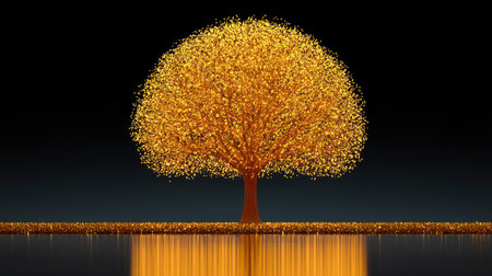 Stunning golden tree against a dark background, creating a serene atmosphere. The reflective surface enhances the beauty of autumn colors, perfect for nature-themed projects.の素材