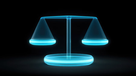 A captivating digital artwork showcasing a balance scale in neon blue light against a dark backdrop, representing justice and fairness in a modern and innovative design.の素材