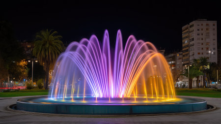 A stunning water fountain illuminated by colorful lights creates a mesmerizing show in an urban park, enhancing the tranquil evening atmosphere with serenity and beauty.の素材