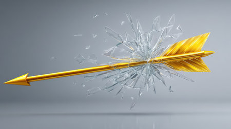 A striking visual of a golden arrow piercing glass, capturing the moment of impact and shattering. This image symbolizes strength, precision, and the spirit of achievement in both art and design.の素材
