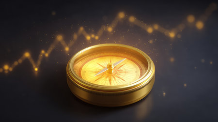 This image features a golden compass with a sparkling effect, highlighting the themes of navigation and direction in both personal and professional journeys.の素材