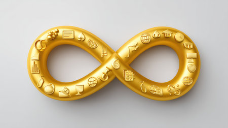 This image showcases a golden infinity symbol adorned with various icons, illustrating themes of continuity and success in business and personal growth.の素材