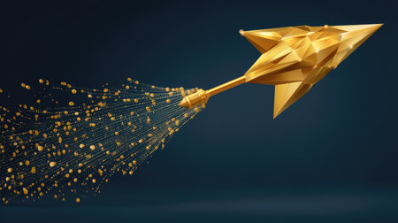 A striking golden arrow with a dynamic design captures attention, symbolizing progress and success while surrounded by sparkling particles in a modern background.の素材