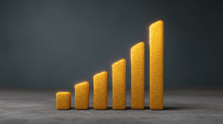 This image illustrates an abstract growth concept with golden bars, representing increasing success and financial achievements in a professional environment.の素材