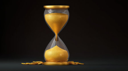 This image of a golden hourglass with coins captures the essence of time management and financial investment, ideal for business and economic concepts in promotional material.の素材