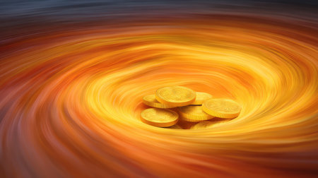 This captivating image features golden coins swirling in a vibrant cosmic backdrop, symbolizing wealth and investment through dynamic abstract art. Perfect for financial themes.の素材