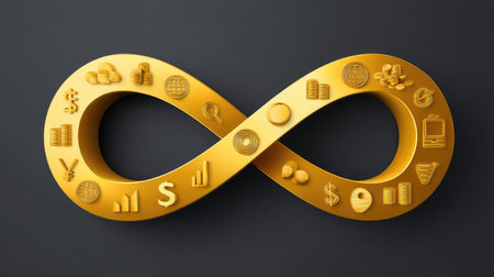 A striking golden infinity symbol featuring diverse financial icons, representing endless opportunities in wealth and investment within a modern, abstract design.の素材
