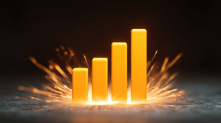A vibrant representation of growth, featuring a bar graph emerging from sparks that symbolizes success and development in business and economic sectors.の素材
