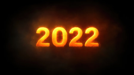 A vivid and captivating portrayal of the year 2022, featuring bright glowing numbers against a dark smoky backdrop, symbolizing energy and transformation.の素材