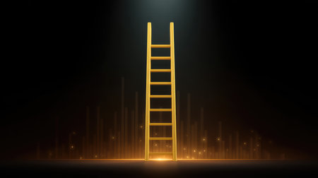 A striking golden ladder stands tall in a dark setting, illuminated by soft light and surrounded by sparkling elements, representing ambition and infinite possibilities for growth and success.の素材