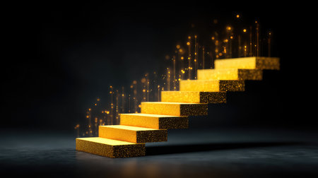 Stunning golden stairs rise into the darkness, illuminated by floating light particles, symbolizing a magical ascent and inviting dreams of success and inspiration.の素材
