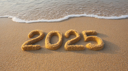 The image captures the year 2025 artistically written in soft sand on a tranquil beach, with gentle waves flowing in, evoking feelings of hope and freshness for the upcoming year.の素材
