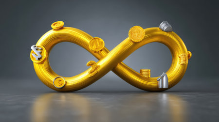 A stunning golden infinity loop representing endless opportunities in finance and wealth. The design features coins and symbols, ideal for themes of growth and prosperity.の素材