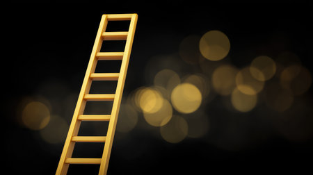 A minimalist image featuring a wooden ladder set against a dazzling golden bokeh background, symbolizing ascent and ambition in a creative representation of growth and opportunity.の素材