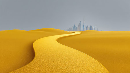 This image showcases a winding path through golden sands leading to an urban skyline, illustrating the stark contrast between nature's beauty and modern architecture.の素材