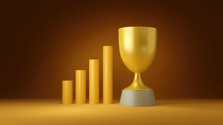 Illustrative image of a golden trophy beside a rising bar graph against a warm background, perfectly representing growth, aspiration, and the pursuit of success in various fields.の素材