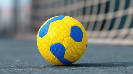 A colorful soccer ball features a vivid yellow and blue design, resting on a sports field near a goal net, representing joy and teamwork in outdoor sports activities.の素材