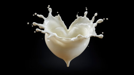 This captivating image features a heart-shaped milk splash, brilliantly captured against a dark backdrop, symbolizing love and creativity while showcasing the beauty of liquid motion.の素材