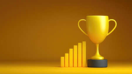 A vibrant yellow trophy stands next to an ascending bar graph, representing achievement and victory in personal or professional endeavors, set against a warm golden background.の素材