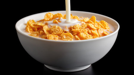 A delicious close-up of crispy corn flakes being poured with fresh milk into a white bowl, perfect for showcasing healthy breakfast options and food photography.の素材