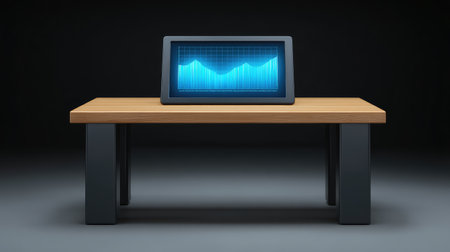 A sleek modern desk setup featuring a digital display presenting data analytics trends, perfect for illustrating business growth and analysis in a minimalist environment.の素材