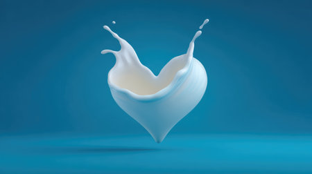 Heart-shaped milk splash over a rich blue background beautifully represents love and freshness, ideal for creative projects and modern advertising visuals.の素材