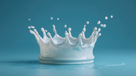 A mesmerizing milk splash creates an elegant crown shape, set against a tranquil blue backdrop, evoking freshness and creativity in culinary visuals.の素材