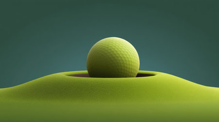 A minimalistic representation of a golf ball resting on a green hill, showcasing smooth textures and soft lighting to convey serenity and focus in sports and recreation.の素材