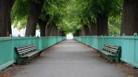 A serene walkway framed by lush trees and benches invites leisurely strolls, offering a perfect escape into nature within an urban park setting.の素材
