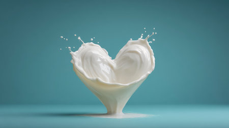 A mesmerizing splash of creamy liquid creates a heart shape against a vibrant turquoise backdrop, symbolizing love and joy, perfect for culinary and artistic themes.の素材