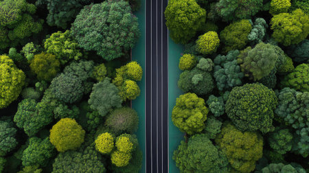 This aerial image captures a serene forest landscape, showcasing lush green trees lining a quiet asphalt road, highlighting the harmonious blend of nature and urban elements.の素材