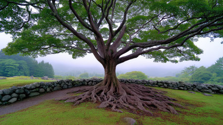 This stunning image features a majestic tree with expansive branches and deep roots, set against a foggy and serene landscape that enhances the connection to nature.の素材
