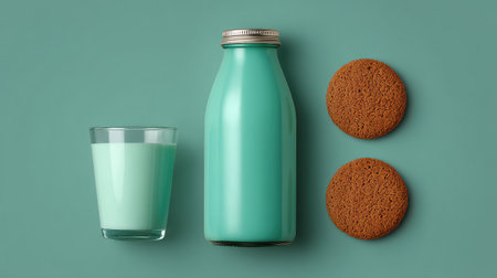A vibrant arrangement featuring mint milk in a glass and a matching bottle, accompanied by round cookies, perfect for a cozy snack or refreshing treat moment.の素材