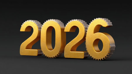 This image features a vibrant gold representation of the year 2026, emphasizing innovation and celebration, perfect for future-focused projects or events.の素材