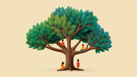 A charming illustration depicting a large, lush tree with colorful figures, capturing themes of nature, community, and the joy of spending time outdoors in a vibrant, playful atmosphere.の素材