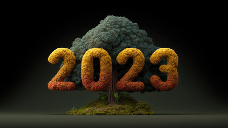 A striking 3D design of the number 2023 featuring a lush green tree, symbolizing growth and renewal, set against a dark background for a powerful visual impact.の素材