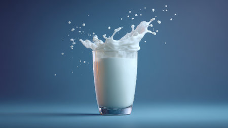A captivating image of milk splashing from a glass against a soft blue background, illustrating the beauty of fluid motion and the freshness of a delicious dairy drink.の素材