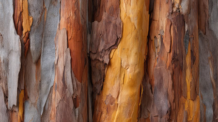 This image captures the intricate and colorful bark of a eucalyptus tree, showcasing the natural textures and beautiful earthy tones that highlight nature's amazing artistry.の素材