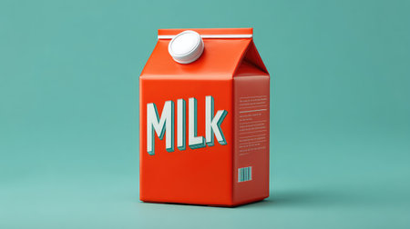 A striking orange milk carton displays bold typography against a pastel background, perfect for food and beverage themes in marketing and design.の素材
