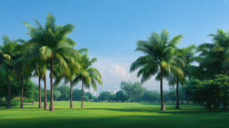 Experience the beauty of a vibrant tropical landscape featuring lush palm trees under a radiant blue sky, perfect for evoking a sense of tranquility and outdoor enjoyment.の素材
