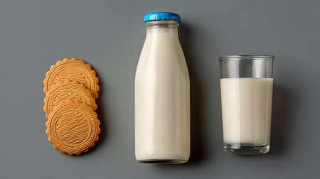 A refreshing scene featuring a bottle of milk, a glass of milk, and three round cookies on a gray surface, ideal for showcasing comfort foods and snack ideas.の素材