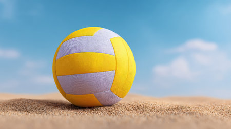 A vibrant yellow beach volleyball positioned on soft sand, bathed in sunlight, capturing the joy of outdoor sports and the spirit of summer adventures. Perfect for sports enthusiasts.の素材