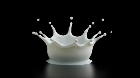 Captivating image of a milk splash showcasing dynamic movement and serene beauty. The contrast against a black background emphasizes the elegance of liquid droplets and shapes.の素材