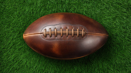 A classic vintage leather football resting on fresh green grass, capturing the essence of outdoor sports, teamwork, and recreation in an inviting natural setting.の素材