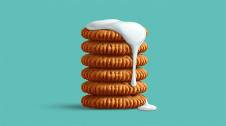 A visually appealing stack of crispy cookies with creamy white frosting drizzling down, set against a bright turquoise backdrop, perfect for enticing dessert-themed projects.の素材