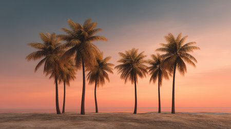 A serene sunset casts warm colors over a sandy beach, featuring silhouetted palm trees that create a tranquil atmosphere ideal for relaxation and escape.の素材