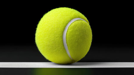 A vibrant neon yellow tennis ball placed on a white line against a black background, ideal for themes related to sports, competition, and active lifestyles.の素材