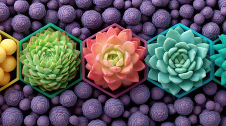 This image showcases a stunning arrangement of vibrant succulent plants in colorful pots set against a rich purple textured background, perfect for decorative inspirations.の素材