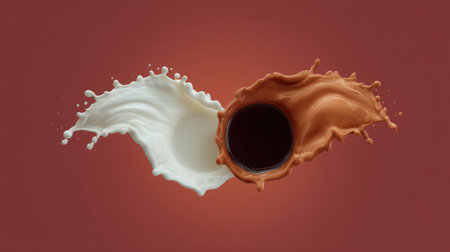 A captivating visual of milk and coffee splashes merging seamlessly, celebrating the beauty of liquid motion against a warm backdrop, perfect for beverage branding and promotions.の素材